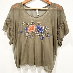Xhilaration Mesh Embroidered Two-Piece Crop Top Olive Green Peach Blue Flowers